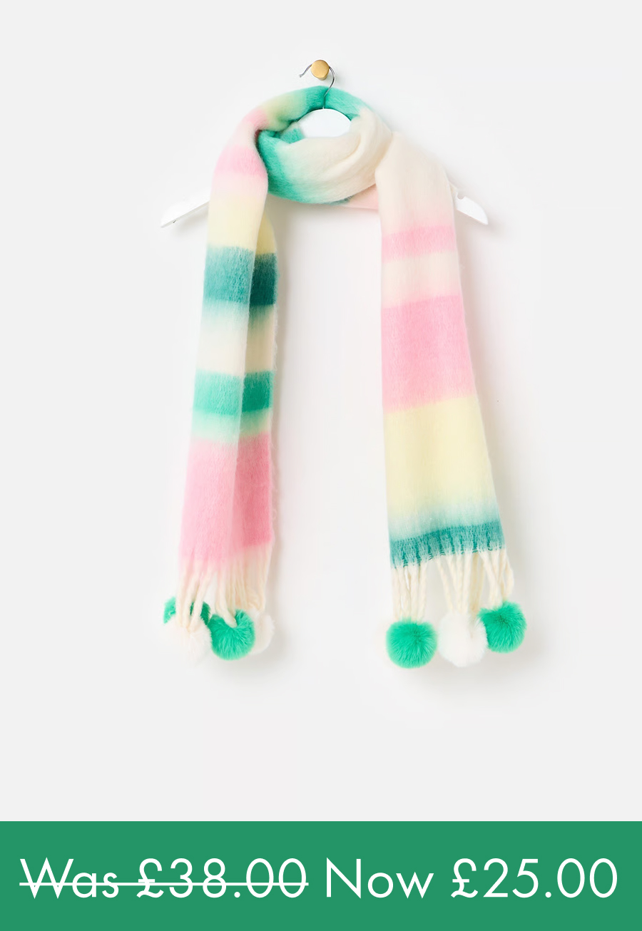 Green & Pink Striped Pom Pom Midweight Scarf